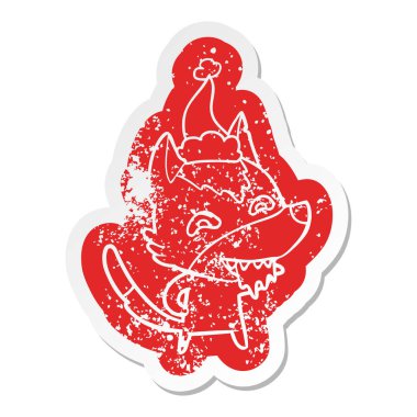 Noel Baba şapkası giyen aç bir kurt ilginç karikatür sıkıntılı etiket