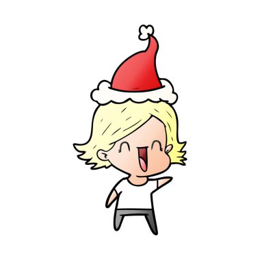 Noel Baba şapkası giyen mutlu bir kadın, degrade çizgi film