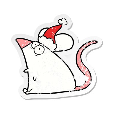 sıkıntılı etiket karikatür Noel Baba şapkası giyen korkmuş bir fare el çekilmiş