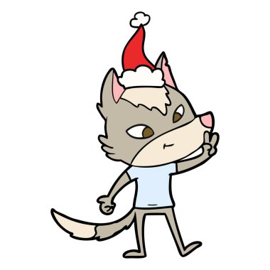 santa giyiyor. barış işareti veren bir kurt dostu çizgi çizme 