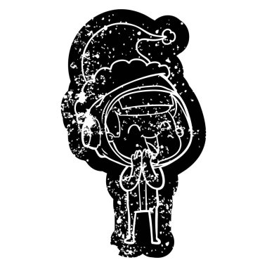 mutlu çizgi film simgesi Noel Baba şapkası giyen bir astronotun sıkıntılı