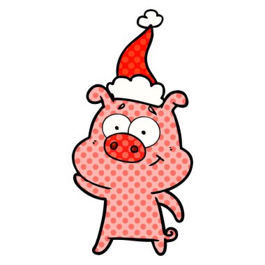 mutlu el domuz Noel Baba şapkası giyen bir çizgi roman tarzı resimde çekilmiş
