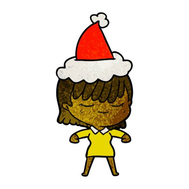 Noel Baba şapkası giyen bir kadın dokulu karikatür el çekilmiş