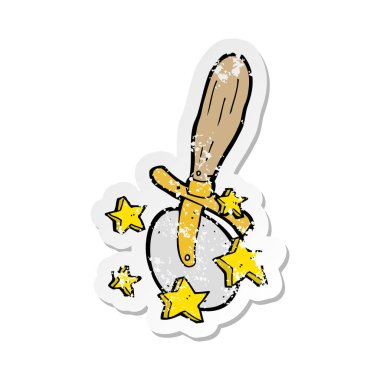 Retro sıkıntılı etiket bir karikatür pizza kesici