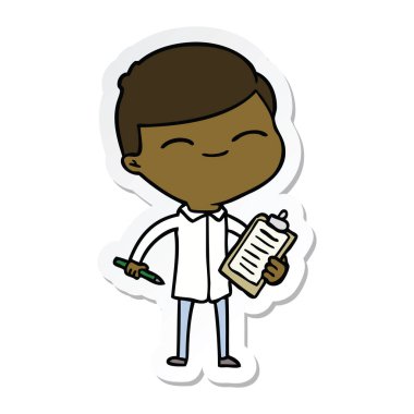 etiket klibi kurulu adamla gülümseyen bir karikatür