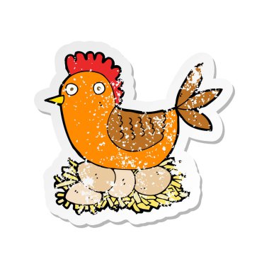 Retro sıkıntılı etiket karikatür tavuk yumurta üzerinde