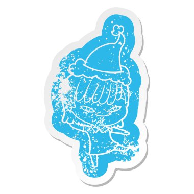 Noel Baba şapkası giyen bir kadın sıkıntılı Etiket cartoon