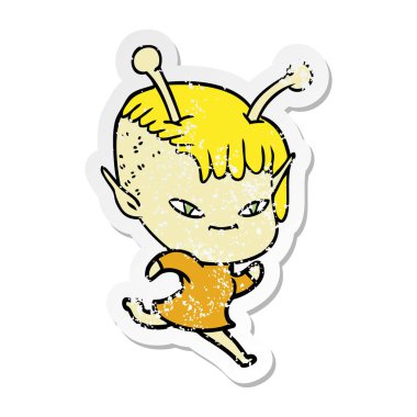 bir sevimli çizgi uzaylı kızın sıkıntılı etiket