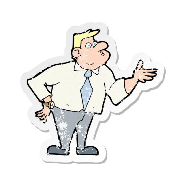 Retro sıkıntılı etiket çıktınız soran bir karikatür işadamı