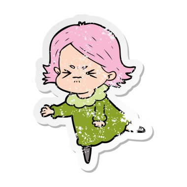 bir çizgi film kızgın kadının sıkıntılı etiket