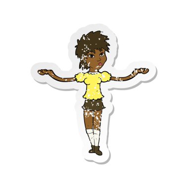 bir çizgi film kadının omuzlarında shrugging Retro sıkıntılı etiket