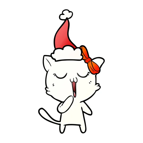 Dessin animé dégradé d'un chat portant un chapeau de Père Noël — Image vectorielle