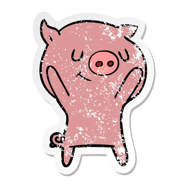 Autocollant de détresse d'un cochon de dessin animé heureux — Image vectorielle