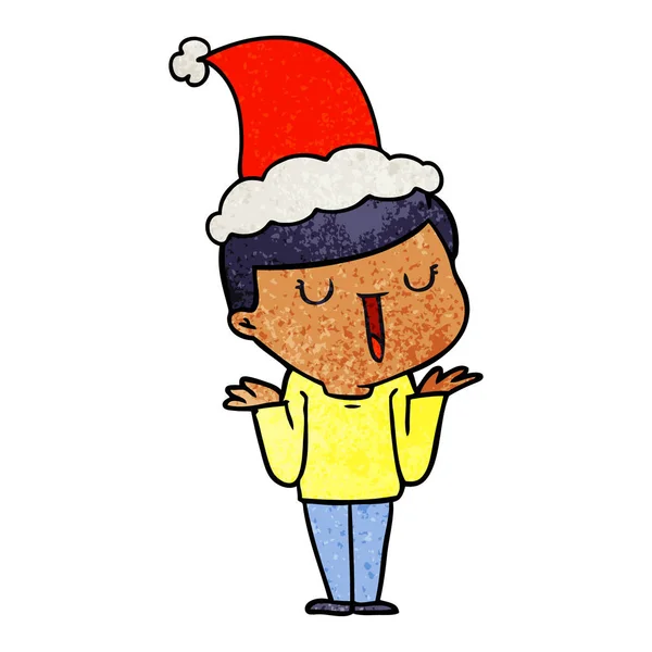 Texturierte Karikatur eines glücklichen Jungen ohne Sorgen beim Tragen von Weihnachtsmann — Stockvektor