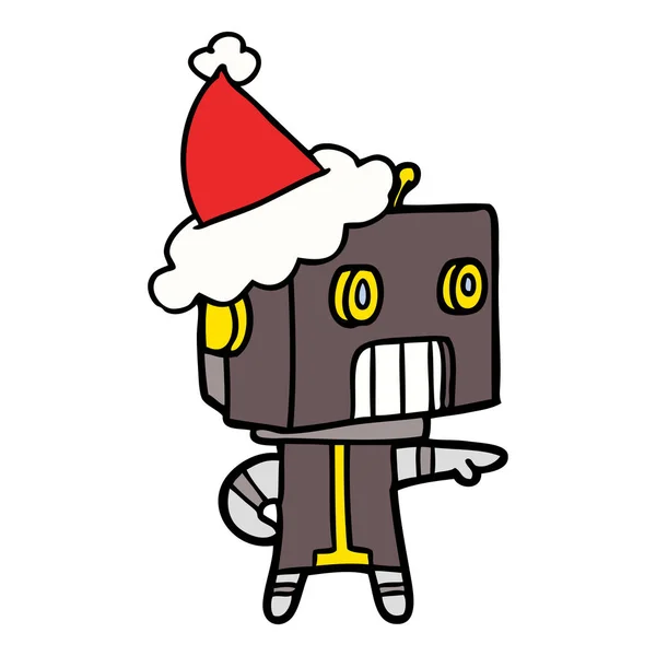 Dibujo en línea de un robot con sombrero de santa — Vector de stock