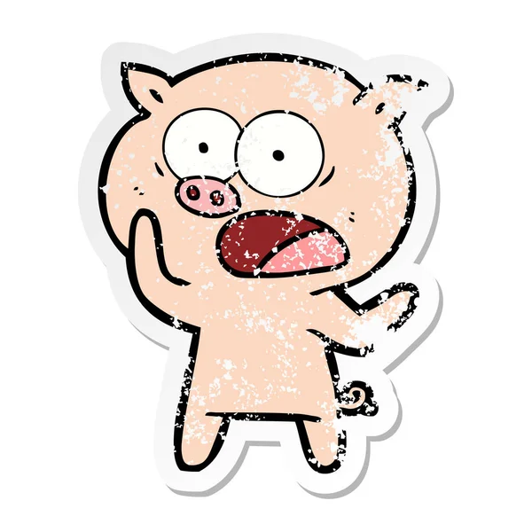 Distressed sticker of a cartoon pig shouting — Stock Vector