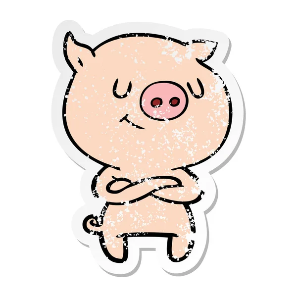 Autocollant Affligé Cochon Dessin Animé Heureux Avec Les Bras Croisés — Image vectorielle