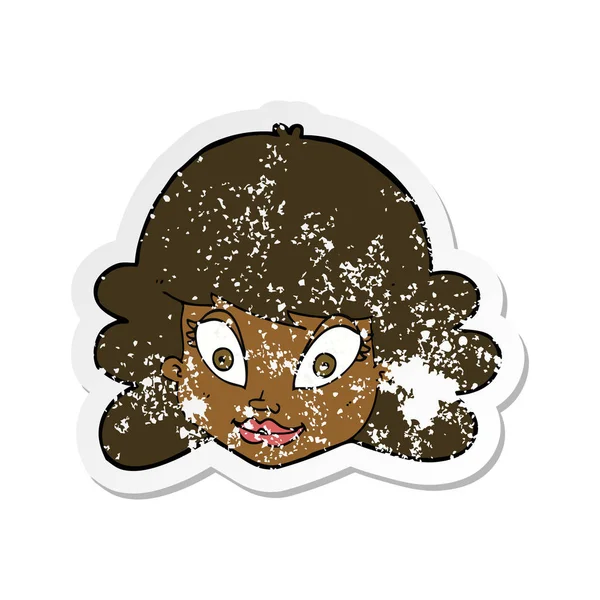 Retro distressed sticker of a cartoon happy female face — Stock Vector