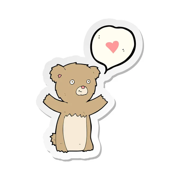 Adesivo di un orsacchiotto del fumetto con cuore d'amore — Vettoriale Stock