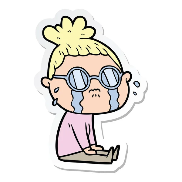 Etiqueta de um desenho animado chorando mulher vestindo óculos —  Vetores de Stock