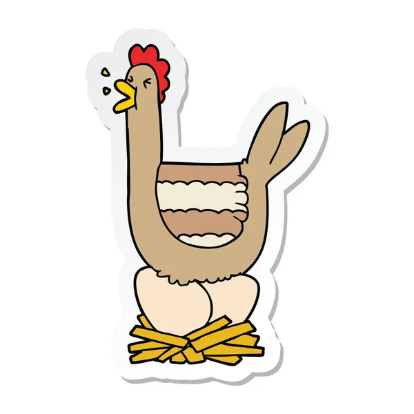 Etiket yuva üzerinde oturan karikatür tavuk — Stok Vektör