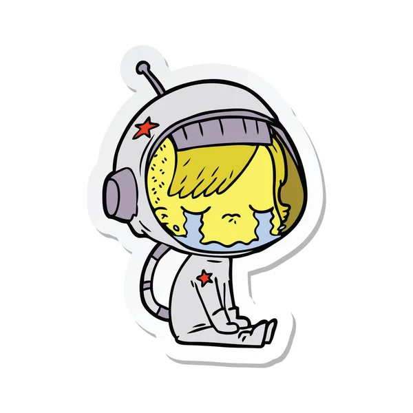 Sticker Cartoon Crying Astronaut Girl Sitting — Stock Vector