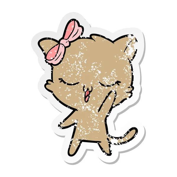 Distressed Sticker Cartoon Cat Bow Head Waving — Stock Vector