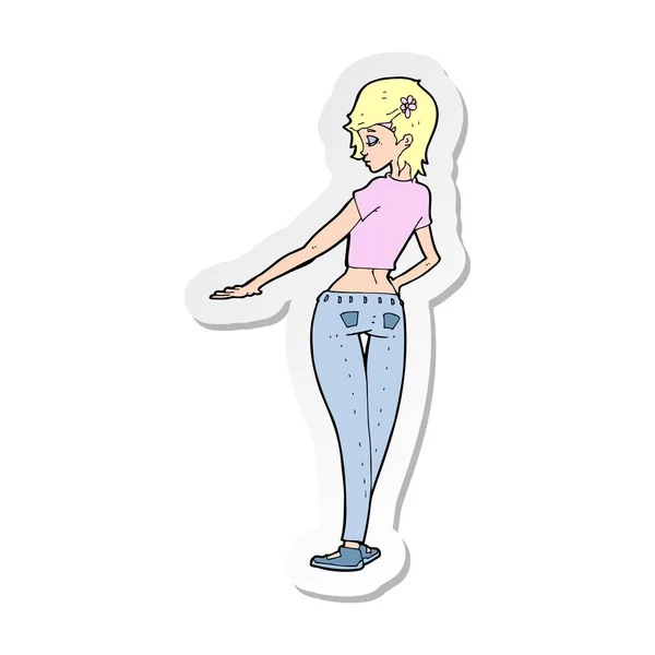 Sticker van een cartoon mooi meisje in jeans en tee — Stockvector