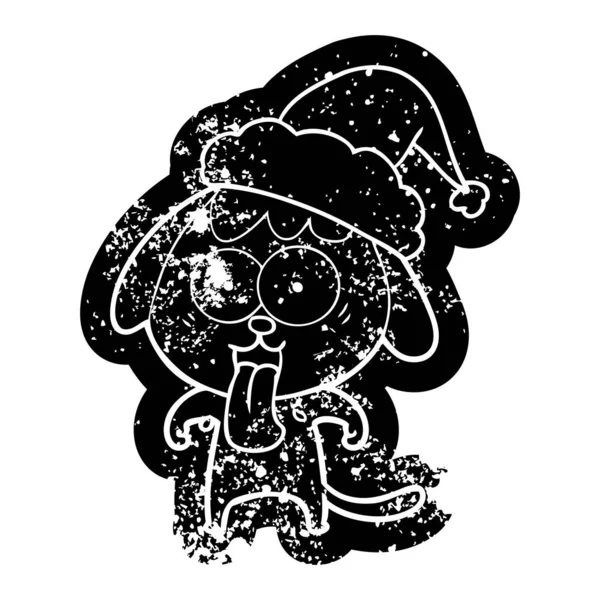 Lindo Peculiar Dibujo Animado Angustiado Icono Perro Con Sombrero Santa — Vector de stock