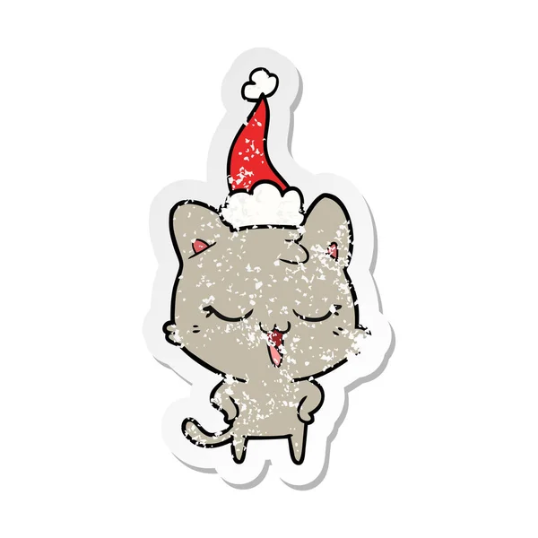 Glücklich bekümmert Sticker Karikatur einer Katze mit Weihnachtsmütze — Stockvektor