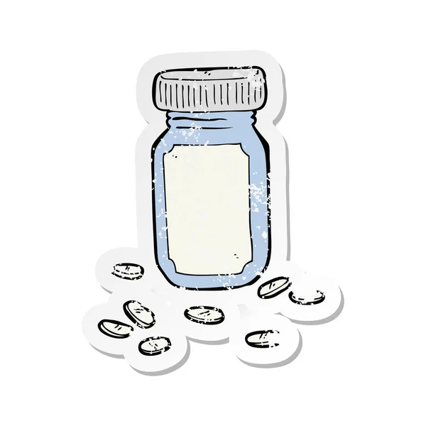 Retro Distressed Sticker Cartoon Jar Pills — Stock Vector