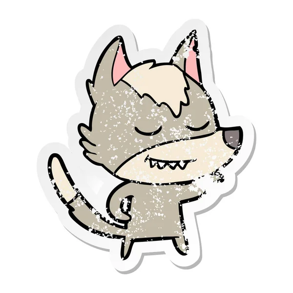 Verontruste sticker van een vriendelijke cartoon wolf — Stockvector