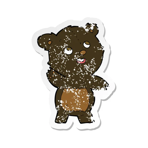 Retro angustiado adesivo de um desenho animado bonito acenando urso preto ted — Vetor de Stock