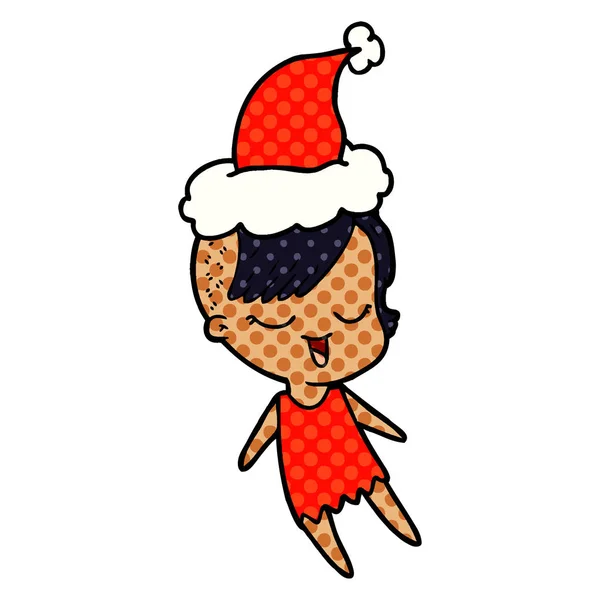 Happy comic style illustration of a girl wearing santa hat — стоковый вектор