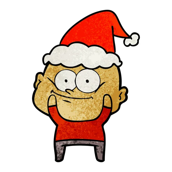 Desenhos animados texturizados de um homem careca olhando usando chapéu de Papai Noel — Vetor de Stock