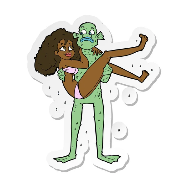 Sticker of a cartoon swamp monster carrying woman in bikini — Stock Vector