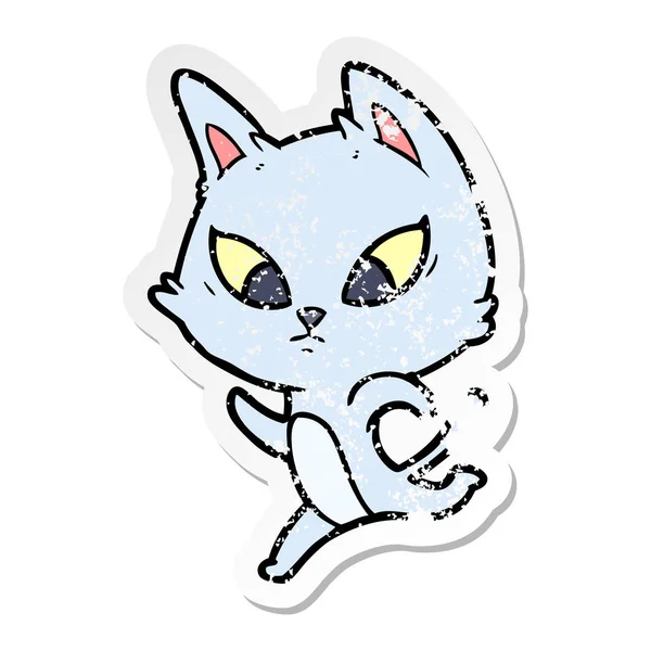 Distressed sticker of a confused cartoon cat — Stock Vector