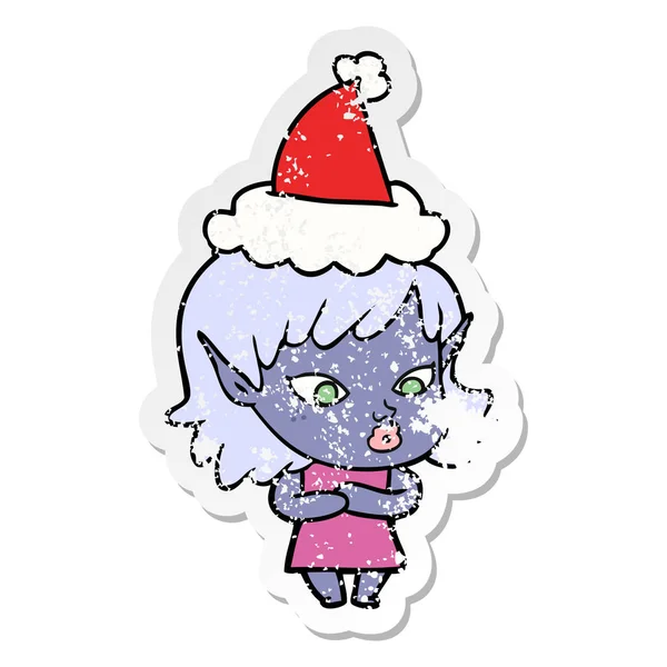 güzel elle çizilmiş etiket karikatür Noel Baba şapkası giyen bir elf kızın sıkıntılı