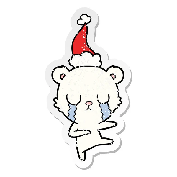 Crying Polar Bear Hand Drawn Distressed Sticker Cartoon Wearing Santa — Stock Vector