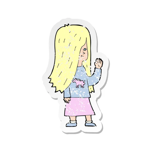 Retro noodlijdende sticker van een cartoon meisje met pony shirt wavin — Stockvector