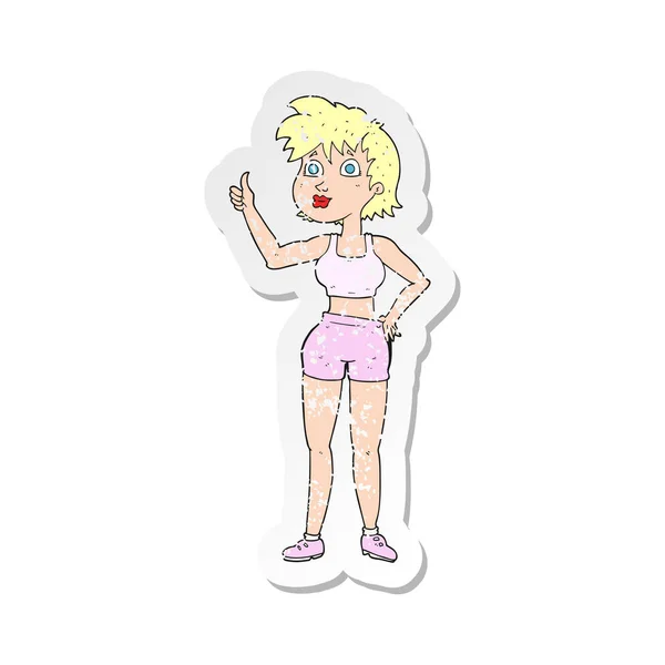 Retro Distressed Sticker Cartoon Happy Gym Woman — Stock Vector