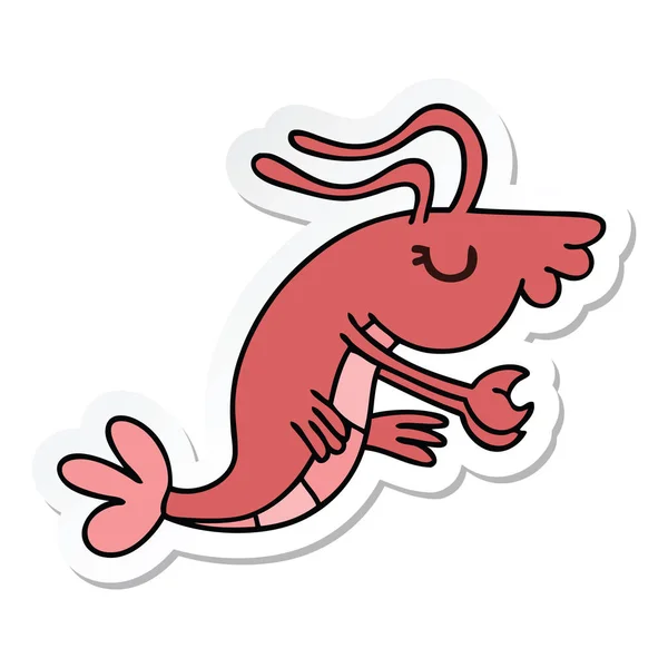 Sticker Quirky Hand Drawn Cartoon Happy Shrimp — Stock Vector