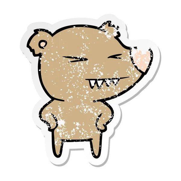 Distressed sticker of a angry bear cartoon with hands on hips — Stock Vector