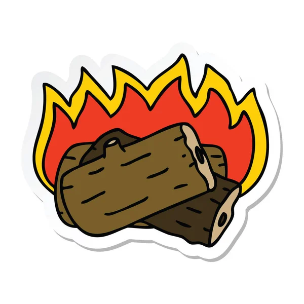 Klistermärke på en udda hand dras tecknad burning logg — Stock vektor