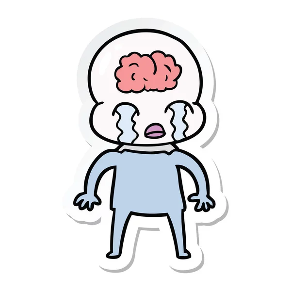 Sticker of a cartoon big brain alien crying — Stock Vector