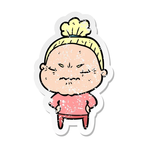 Distressed Sticker Cartoon Annoyed Old Lady — Stock Vector