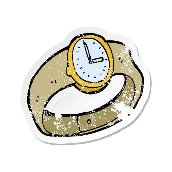 Pegatina retro angustiado de un reloj de pulsera de dibujos animados — Vector de stock