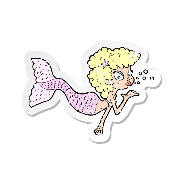Retro Distressed Sticker Cartoon Mermaid Blowing Kiss — Stock Vector