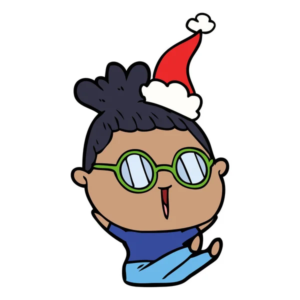 Dessin au trait d'une femme portant des lunettes portant un chapeau de Père Noël — Image vectorielle