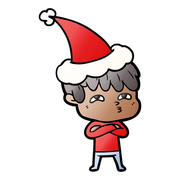 Hand Drawn Gradient Cartoon Curious Man Wearing Santa Hat — Stock Vector